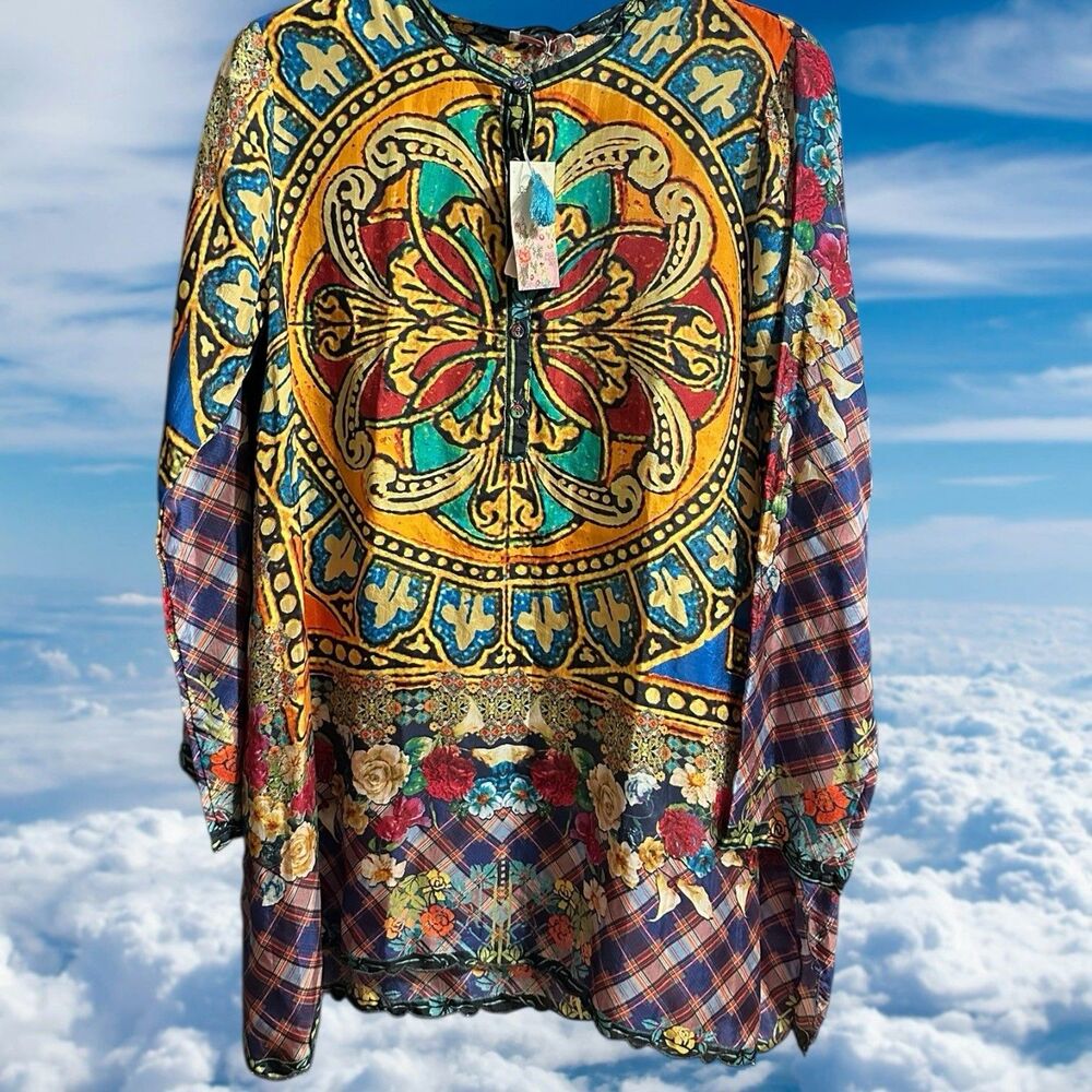 Johnny Was Oversized 100% Silk Patchwork Blouse Tunic Top Women’s XS NEW